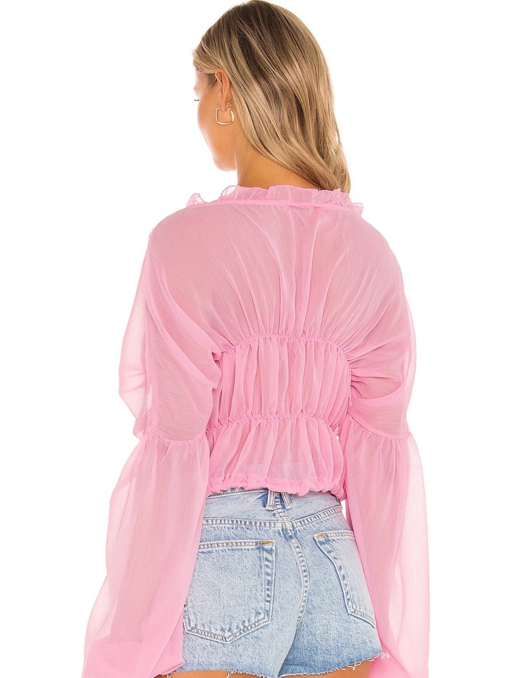 REVOLVE Pink Sheer Ruffled Drawstring Blouse - Picture 3 of 4